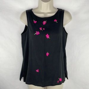 Black Silk Top with Pink Ribbon Flower Embroidery